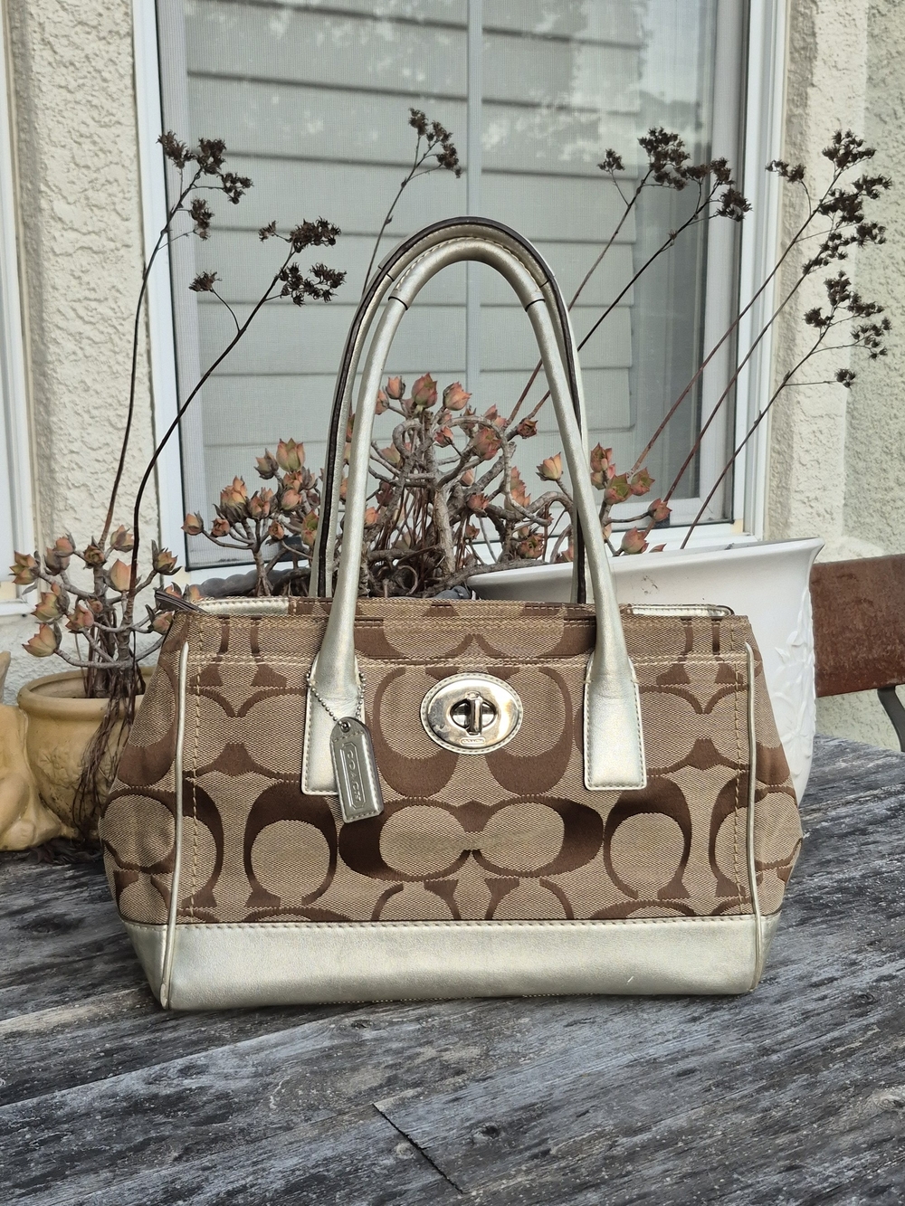 COACH Hampton Signature Jacquard & Metallic Silver Shoulder Bag